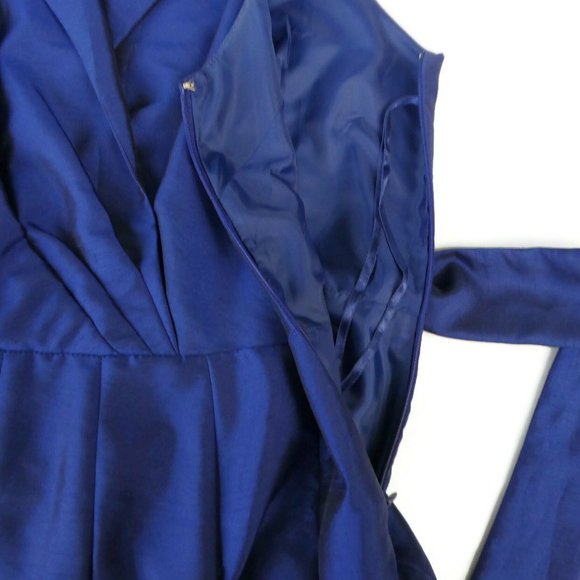 Jones New York Dress Cobalt Blue Taffeta Illusion Fit Flare Pleated Tie Lined M - Picture 6 of 10